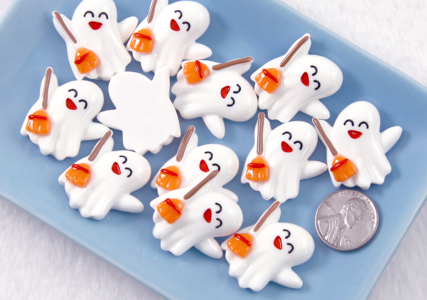 Cute Halloween Cabochon - Happy Ghost with Broom Acrylic or Resin Flat Back Cabochons - 6 pc set