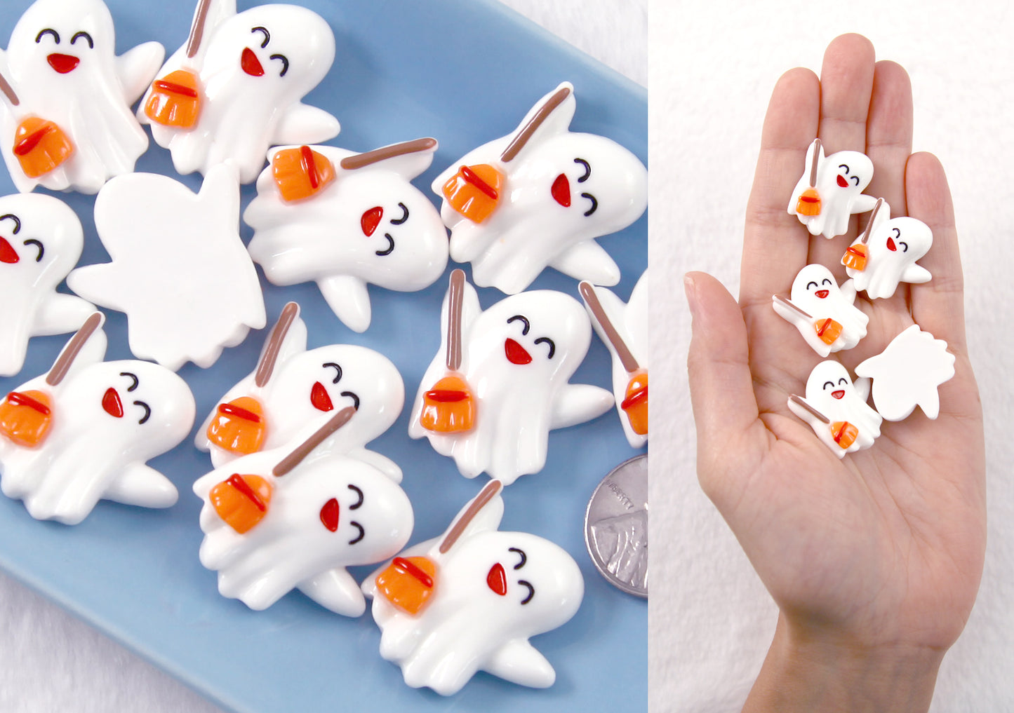 Cute Halloween Cabochon - Happy Ghost with Broom Acrylic or Resin Flat Back Cabochons - 6 pc set