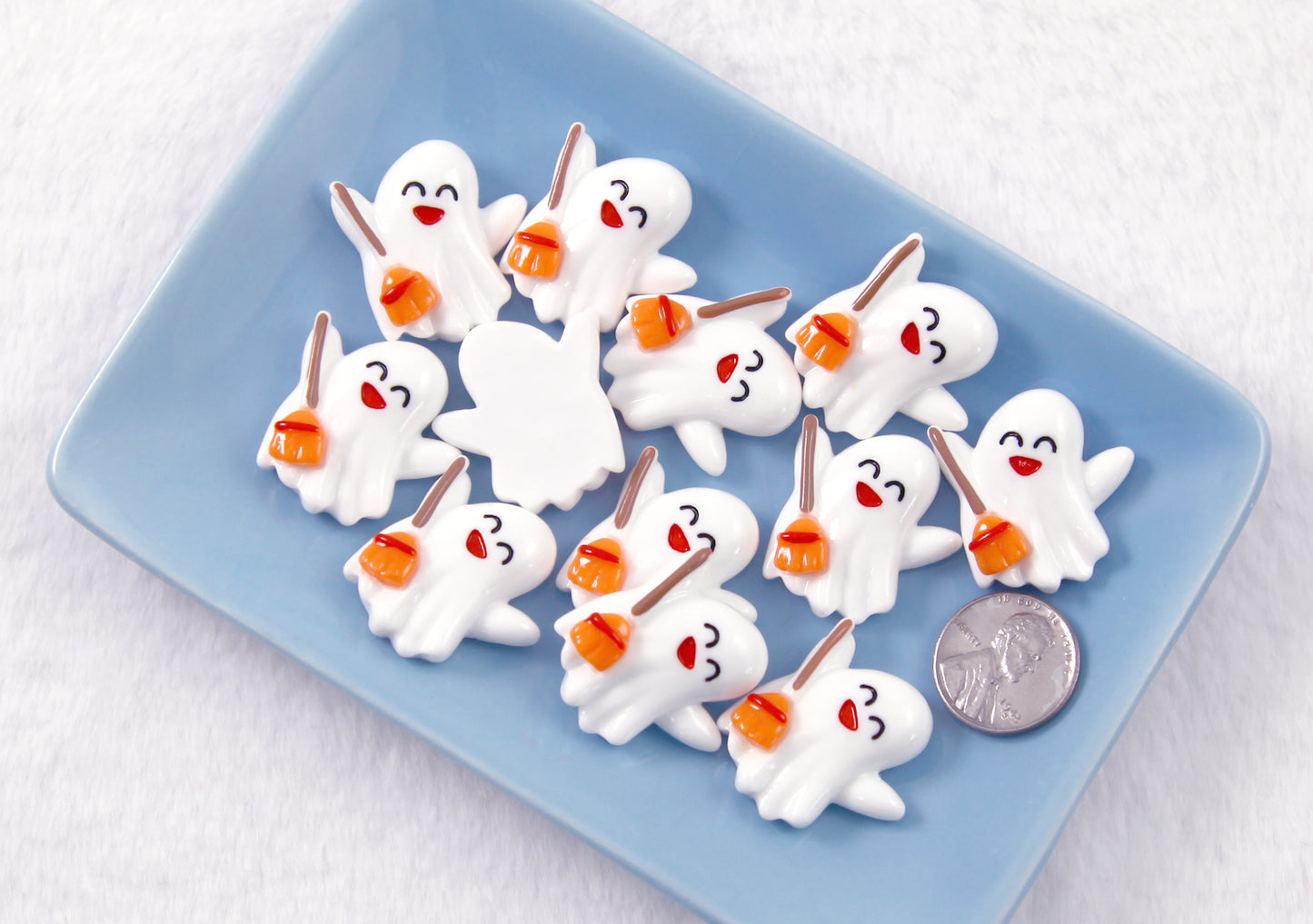 Cute Halloween Cabochon - Happy Ghost with Broom Acrylic or Resin Flat Back Cabochons - 6 pc set