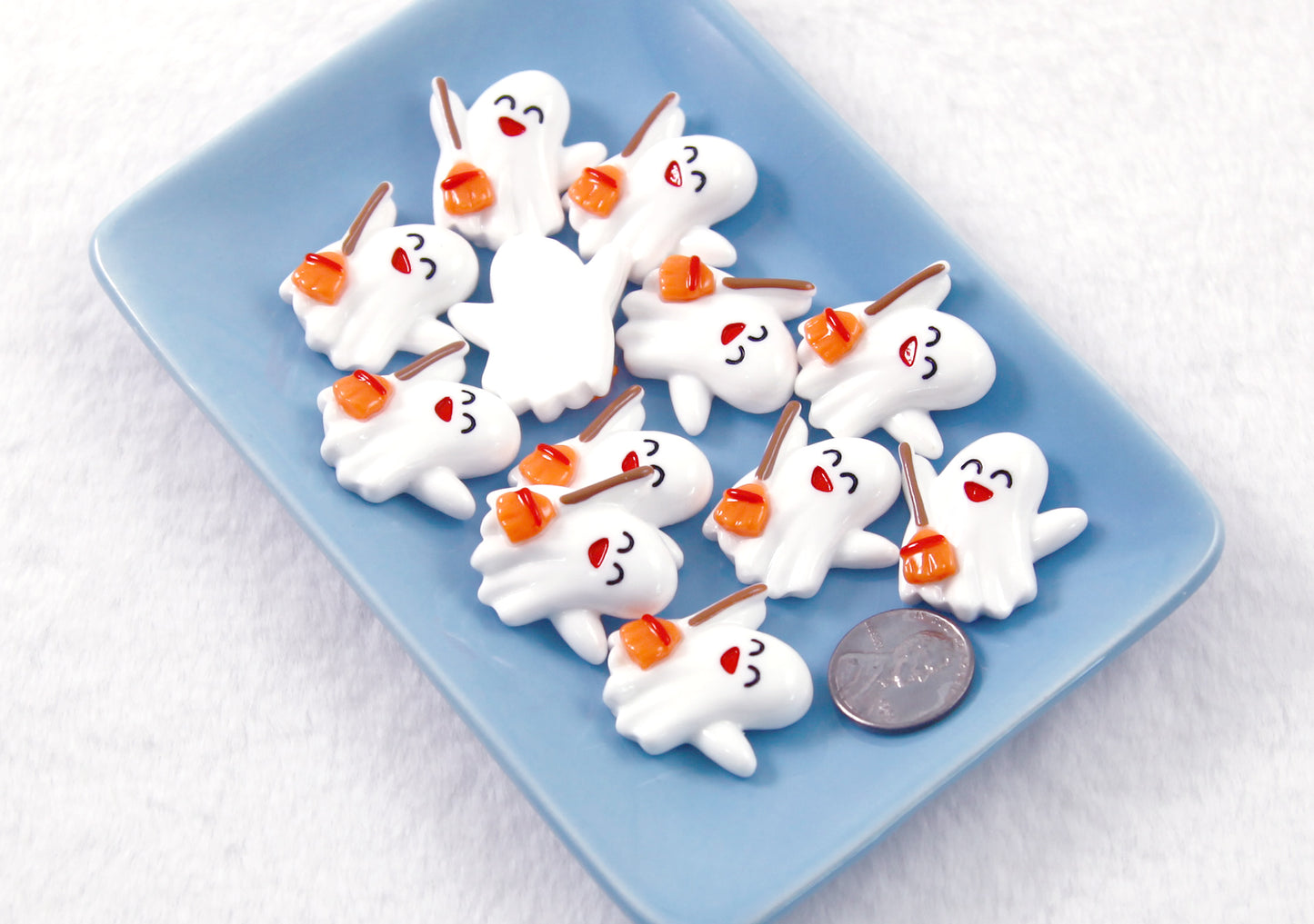 Cute Halloween Cabochon - Happy Ghost with Broom Acrylic or Resin Flat Back Cabochons - 6 pc set