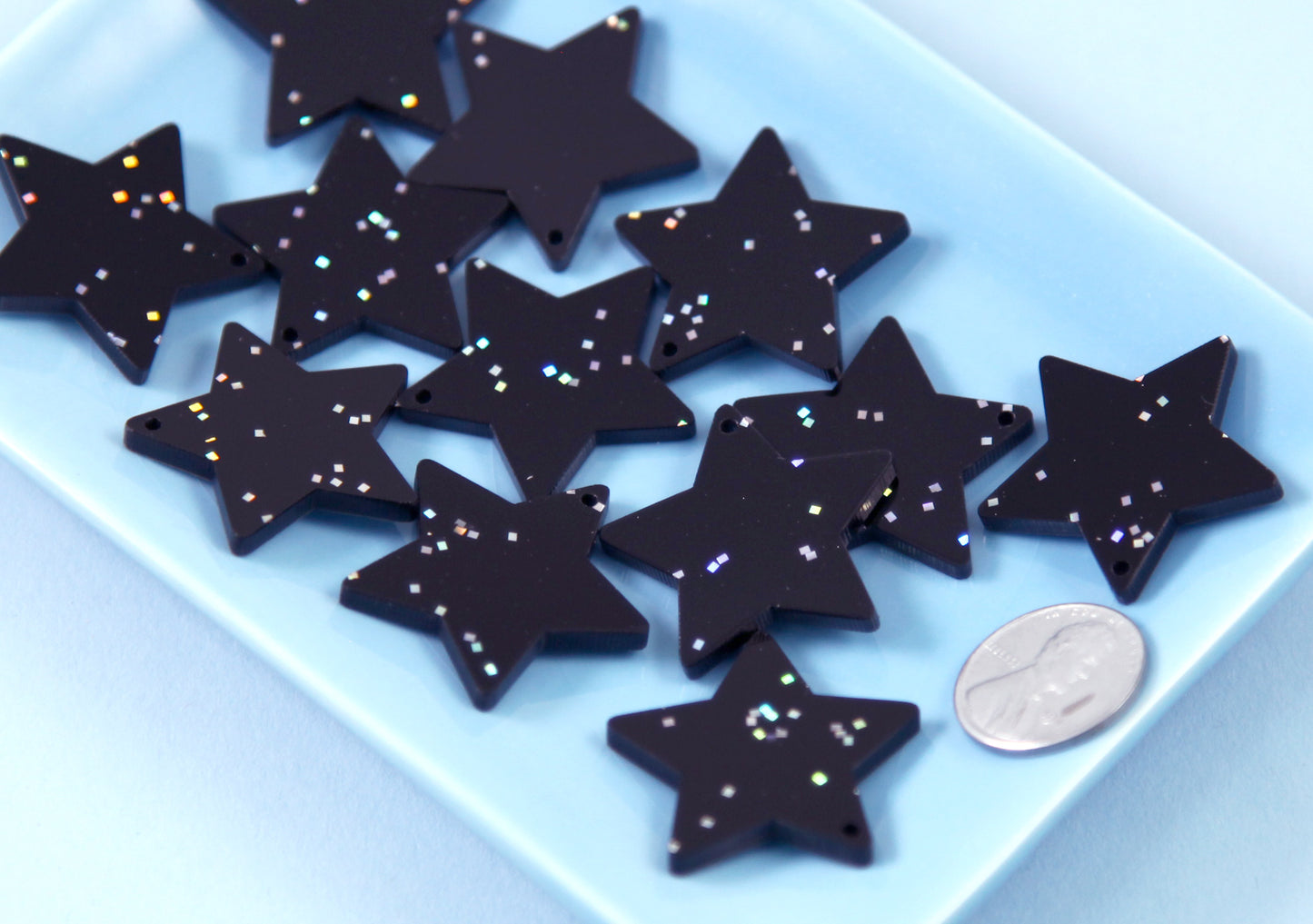 Star Charms - 30mm Black Glitter Star Acrylic or Resin Charms - 6 pc set