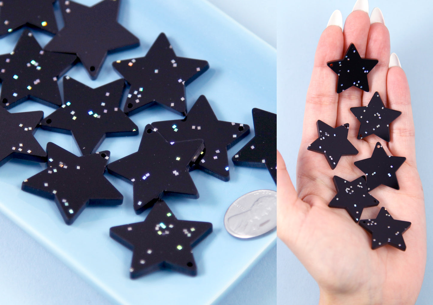 Star Charms - 30mm Black Glitter Star Acrylic or Resin Charms - 6 pc set