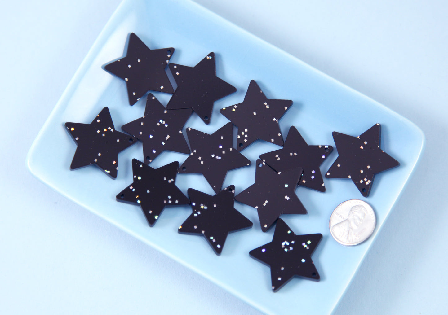 Star Charms - 30mm Black Glitter Star Acrylic or Resin Charms - 6 pc set