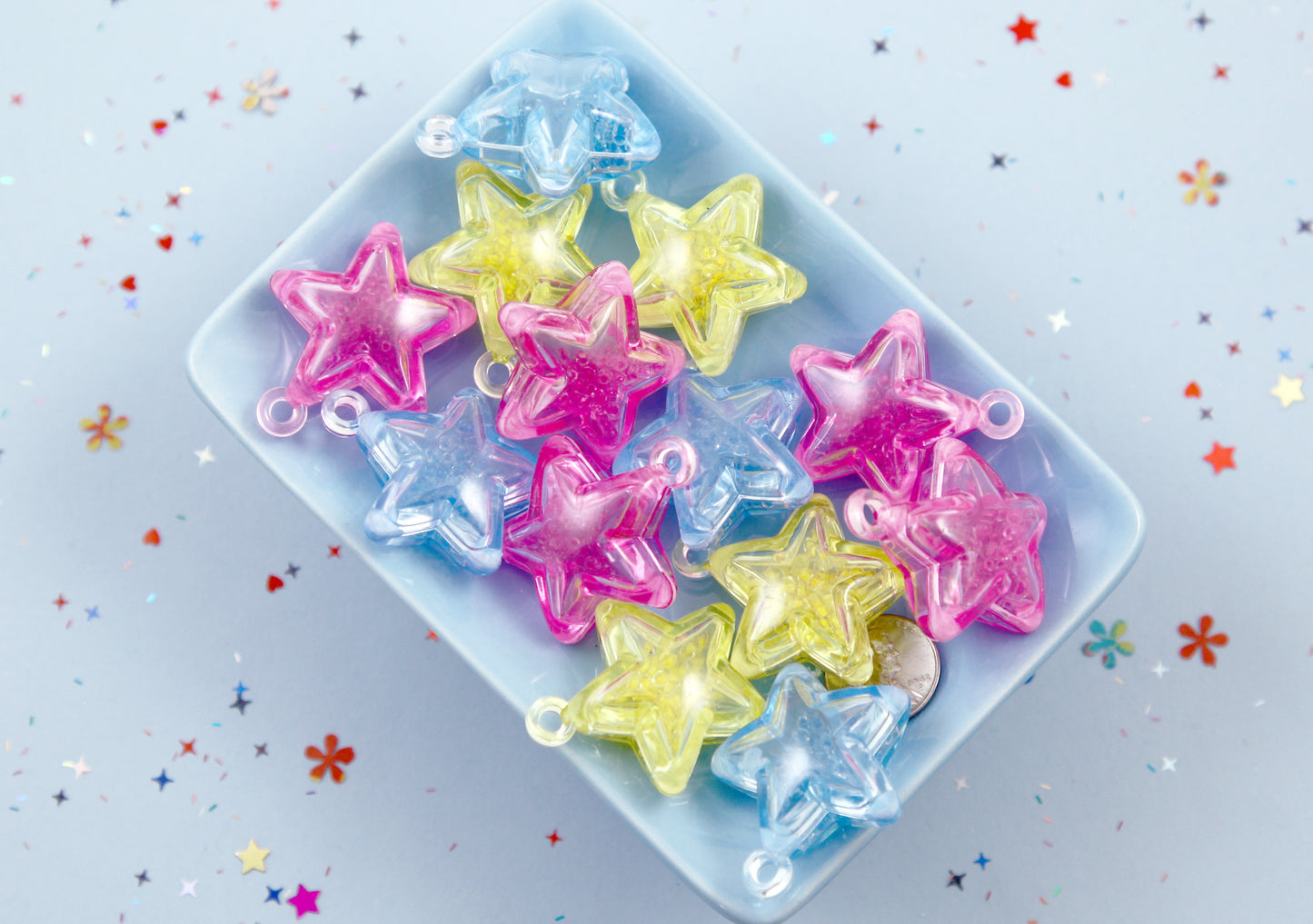 Shaker Star Charms - 34mm Inner Bead Stim Star Pendants Plastic Charms - 6 pc set