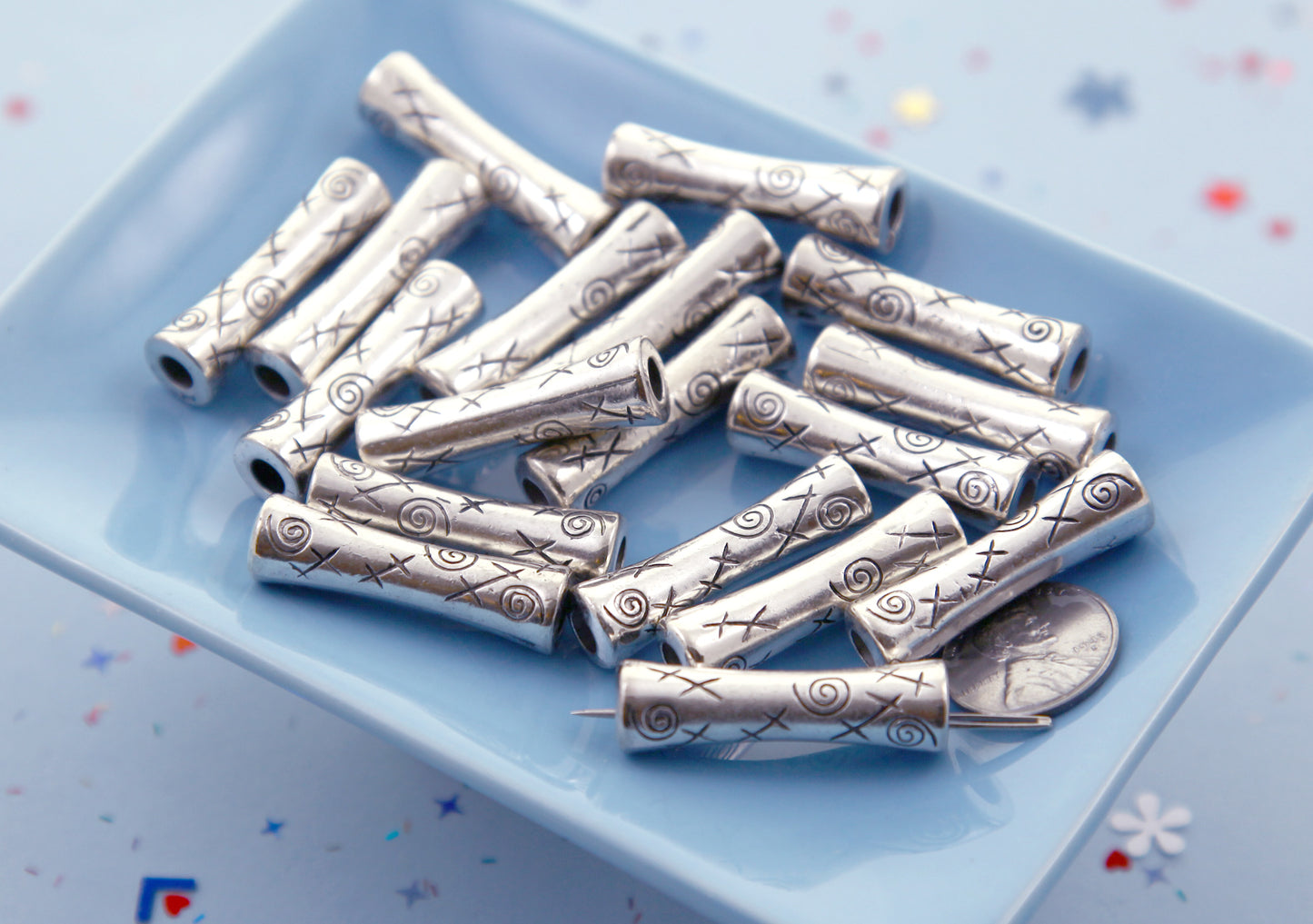 Spiral Beads - 34mm Swirl Tube Shape Bead - Electroplated Silver - 20 pc set