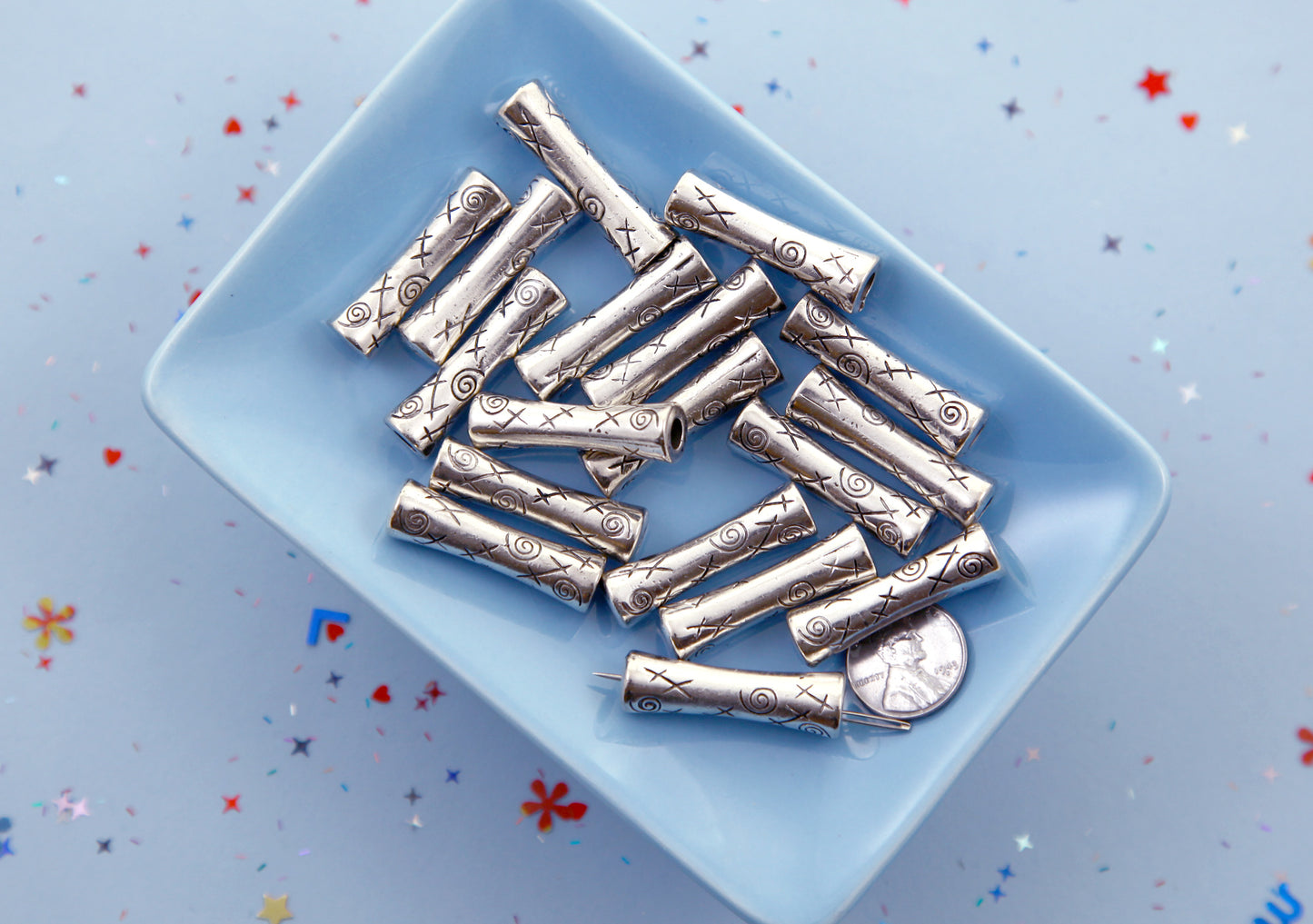 Spiral Beads - 34mm Swirl Tube Shape Bead - Electroplated Silver - 20 pc set
