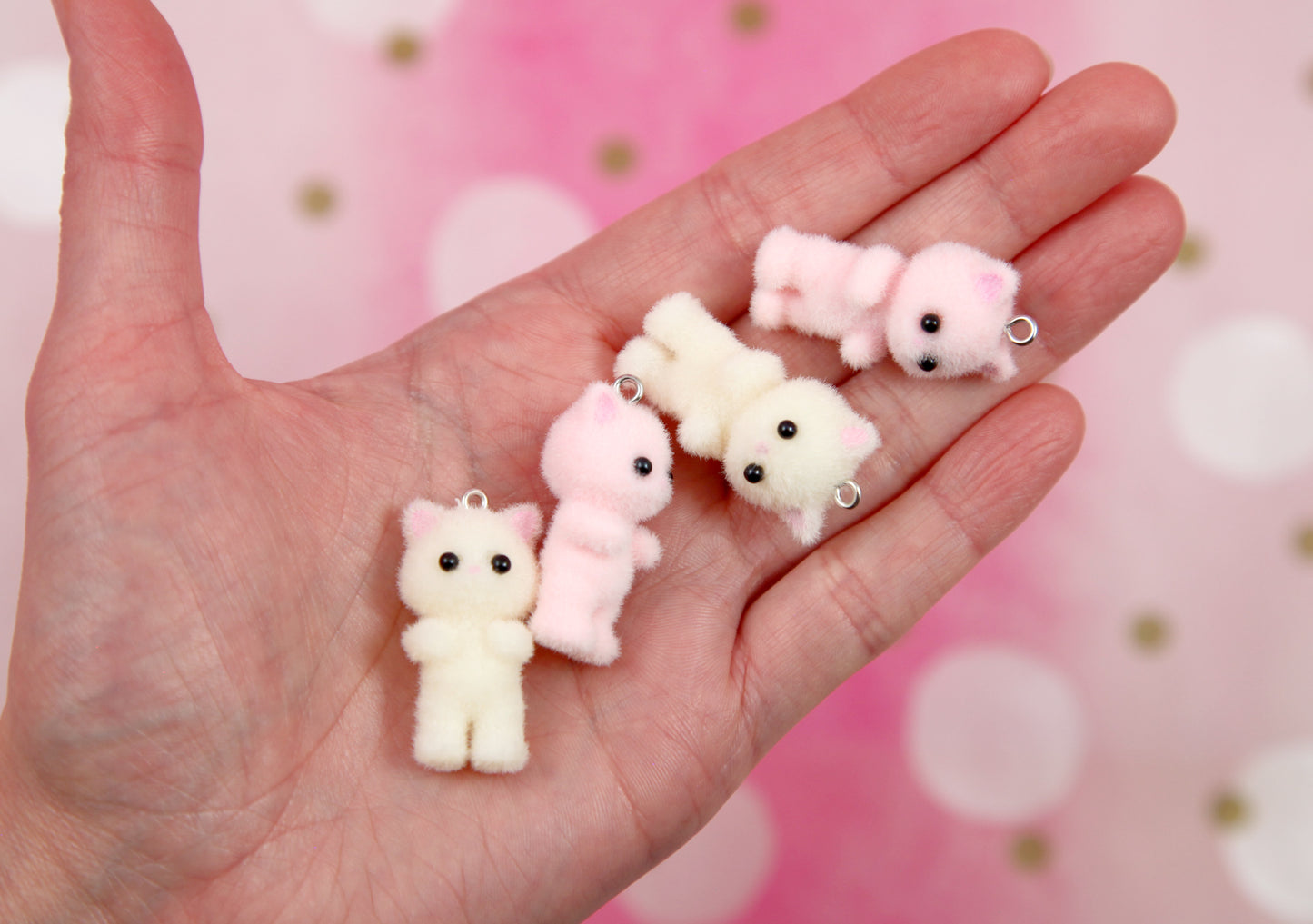 Cute Kitten Charms - Pink and Cream Color - 35mm Mini Fuzzy Kitty Cat Pendant Kawaii Acrylic or Plastic Charms - 2 pc set