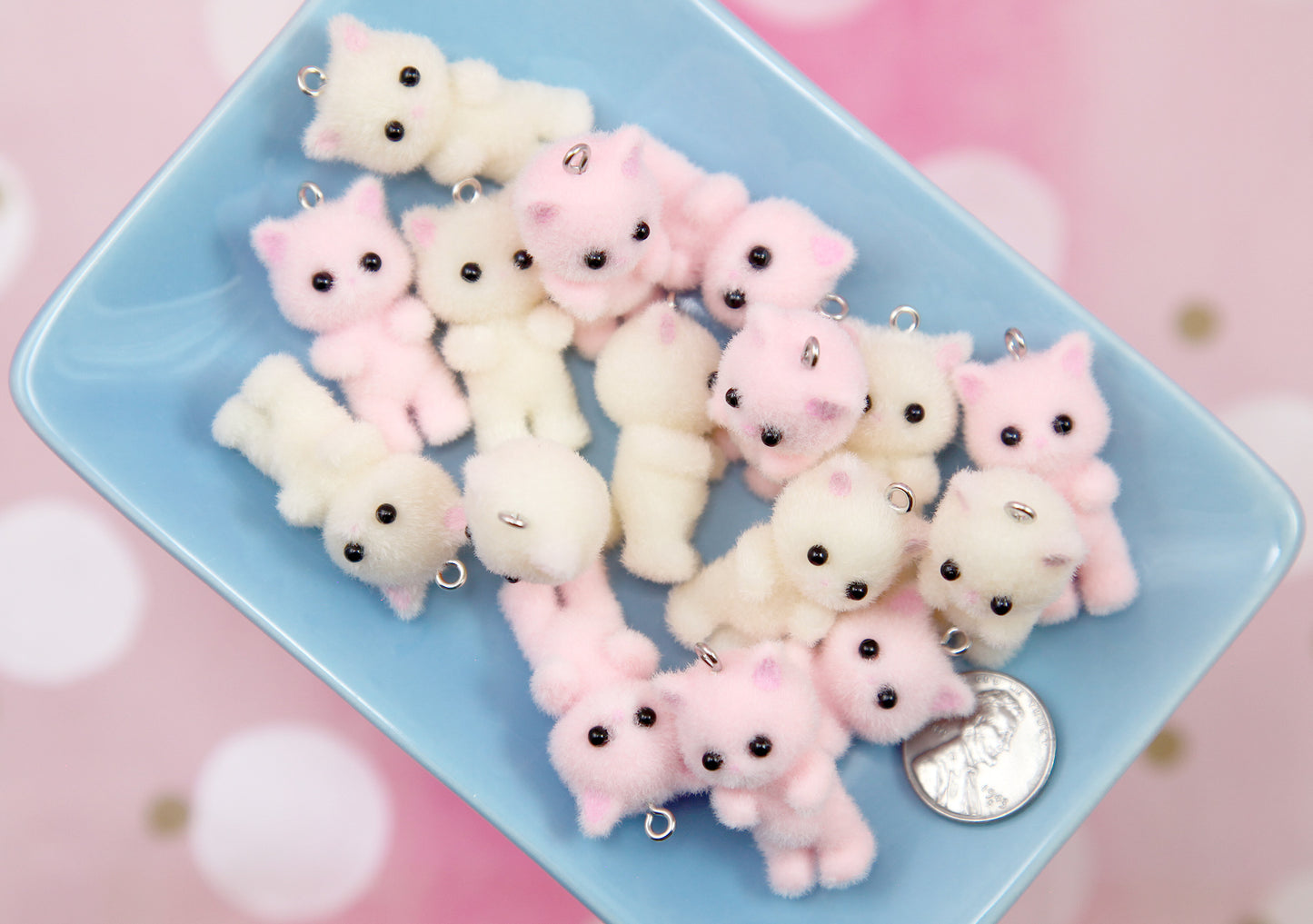 Cute Kitten Charms - Pink and Cream Color - 35mm Mini Fuzzy Kitty Cat Pendant Kawaii Acrylic or Plastic Charms - 2 pc set