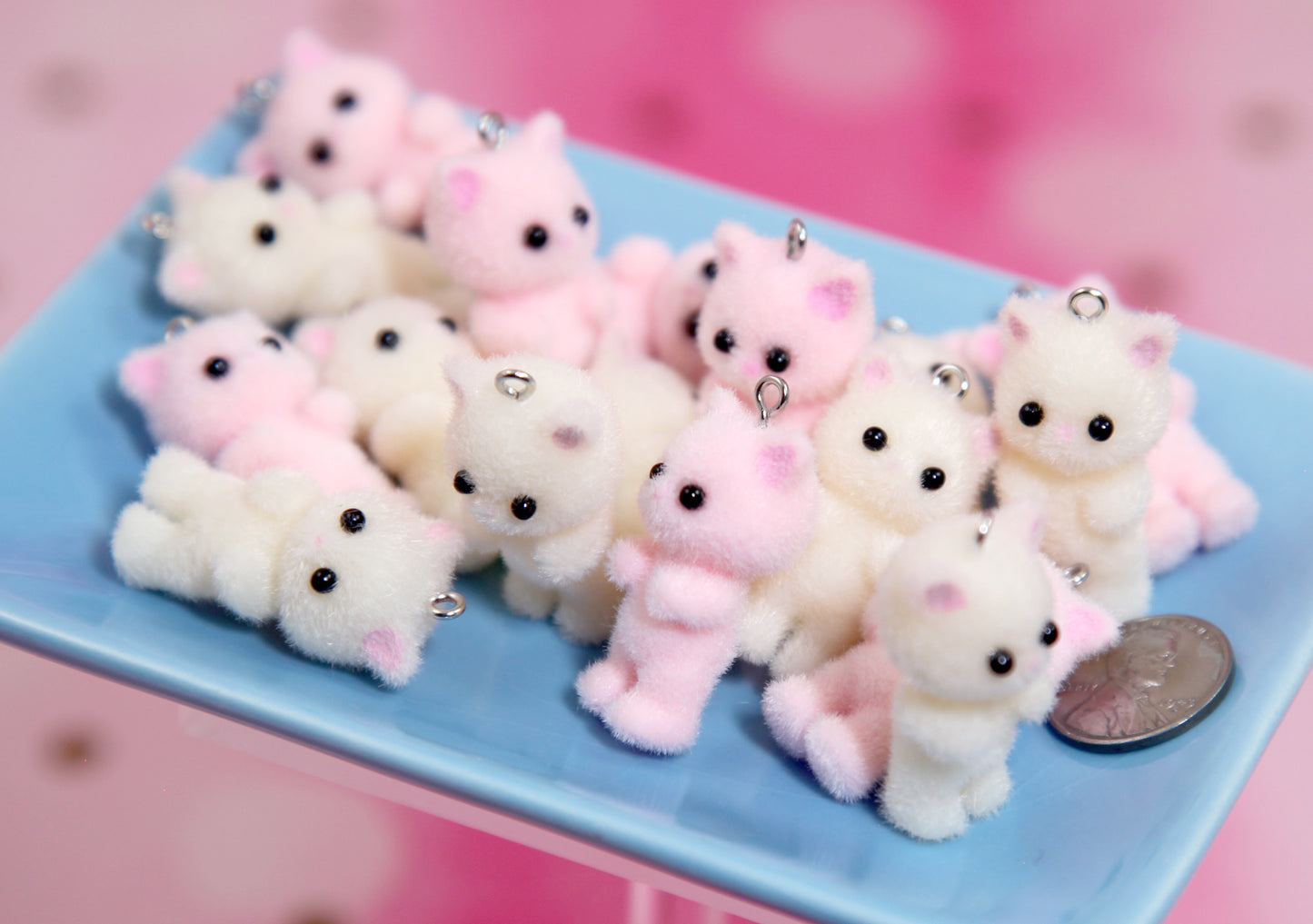 Cute Kitten Charms - Pink and Cream Color - 35mm Mini Fuzzy Kitty Cat Pendant Kawaii Acrylic or Plastic Charms - 2 pc set