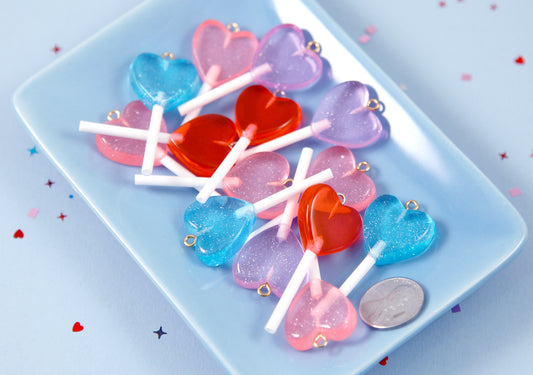 Heart Lollipop Charms - 21mm Small Heart Shaped Fake Candy Acrylic or Resin Charms - 12 pc set