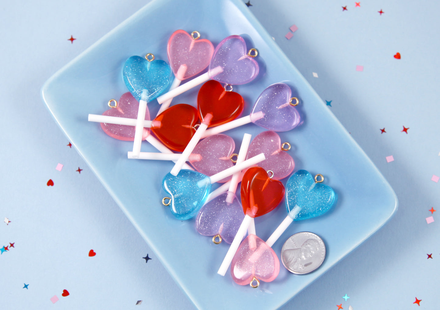 Heart Lollipop Charms - 21mm Small Heart Shaped Fake Candy Acrylic or Resin Charms - 12 pc set