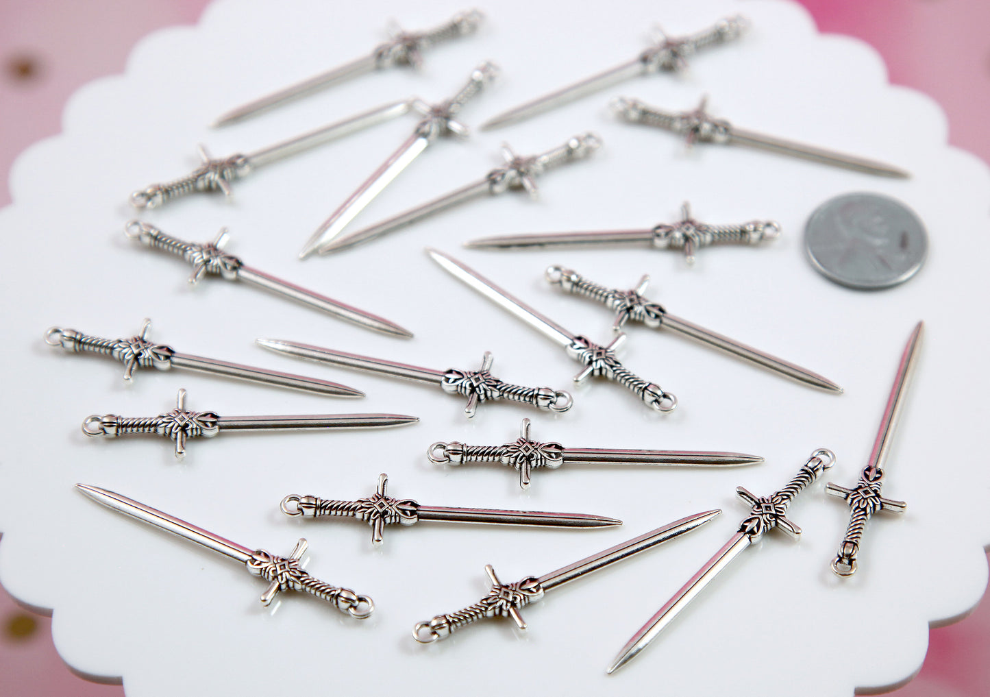 Sword Charms - 12 pieces - 58mm Metal Miniature Sword Charm - Silver Color Metal Alloy Pendant