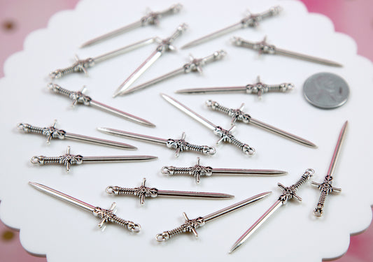 Sword Charms - 12 pieces - 58mm Metal Miniature Sword Charm - Silver Color Metal Alloy Pendant