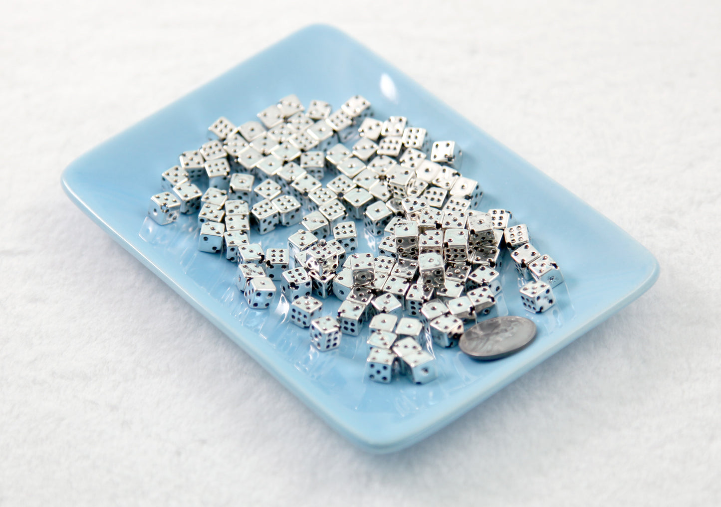 Tiny Dice Beads - 6mm Electroplated Silver Color Dice Diagonal Hole Plastic Beads - 120 pc set
