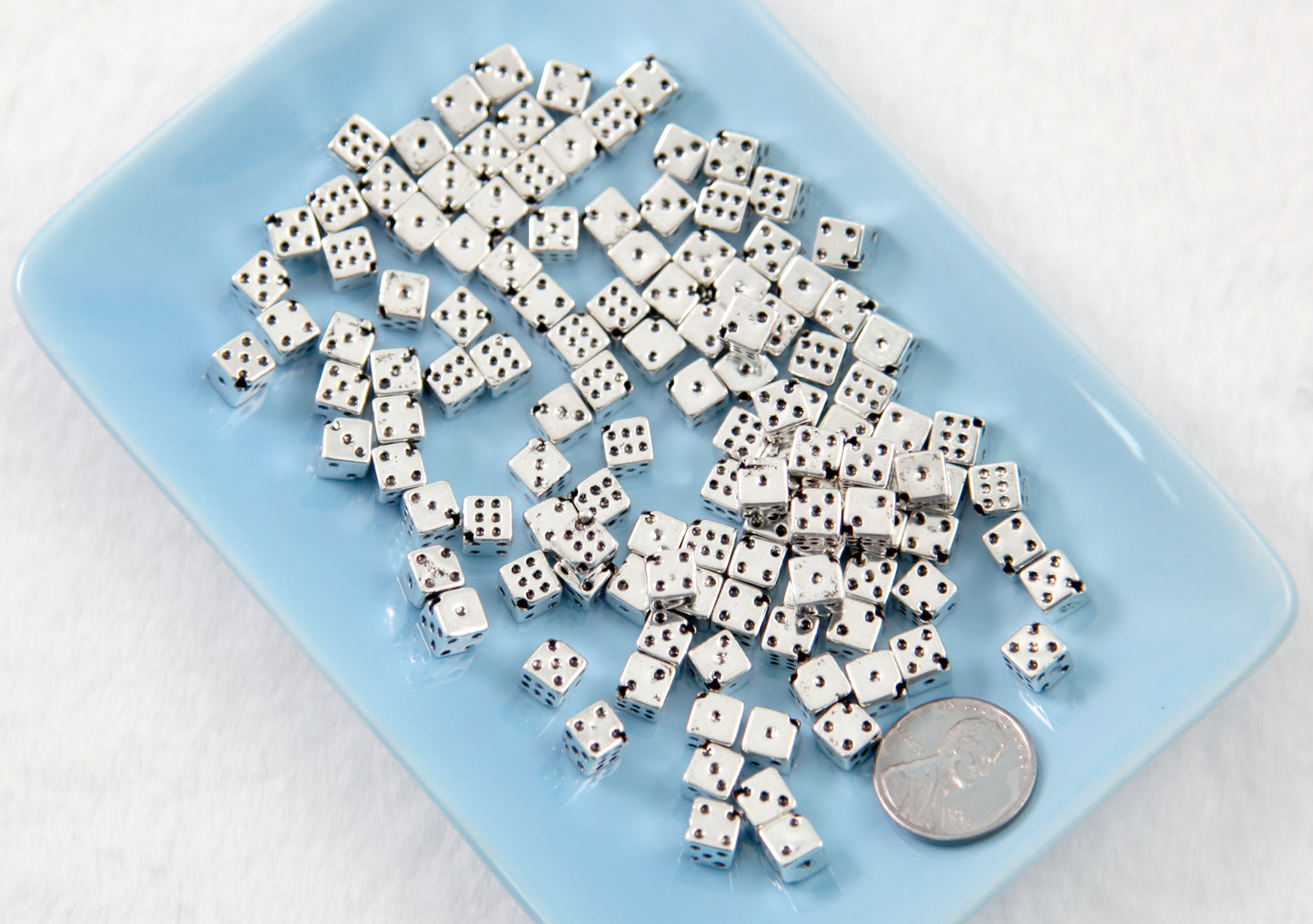 Tiny Dice Beads - 6mm Electroplated Silver Color Dice Diagonal Hole Plastic Beads - 120 pc set