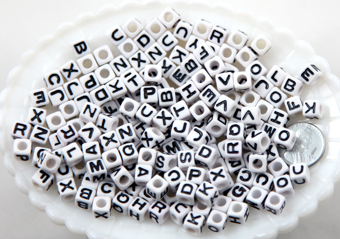 Letter Beads - 7mm Small Cube Square White Alphabet Acrylic or Resin Beads - 300 pc set