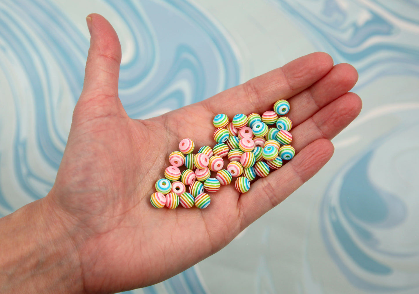 Rainbow Beads - 80 pieces - 8mm White Rainbow Striped Resin Beads, small size plastic or acrylic beads