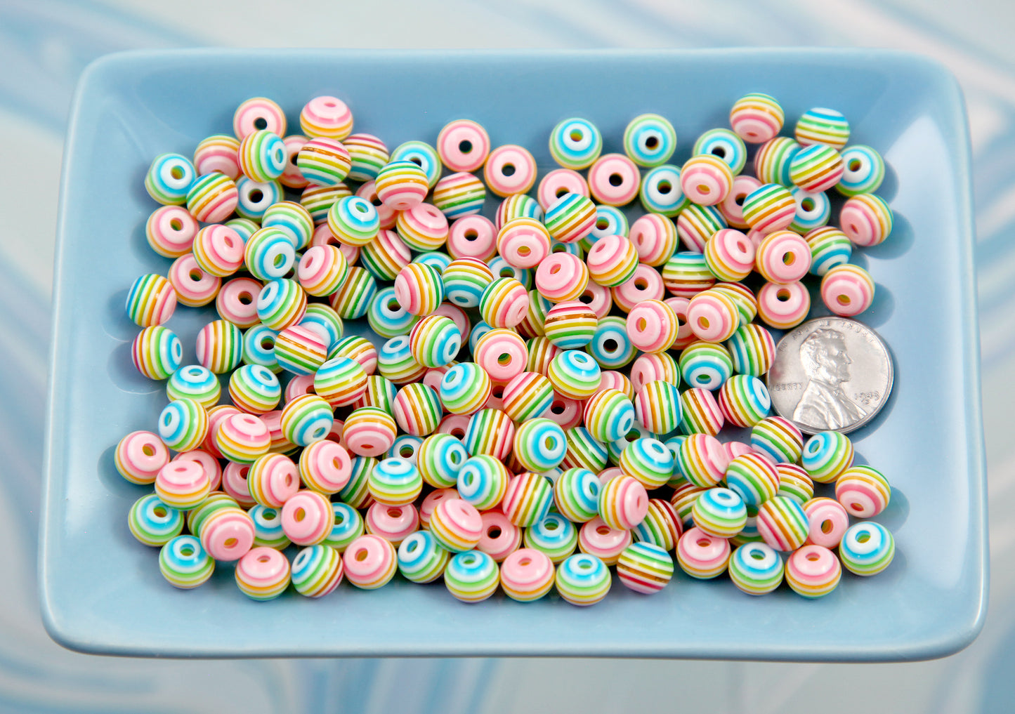 Rainbow Beads - 80 pieces - 8mm White Rainbow Striped Resin Beads, small size plastic or acrylic beads