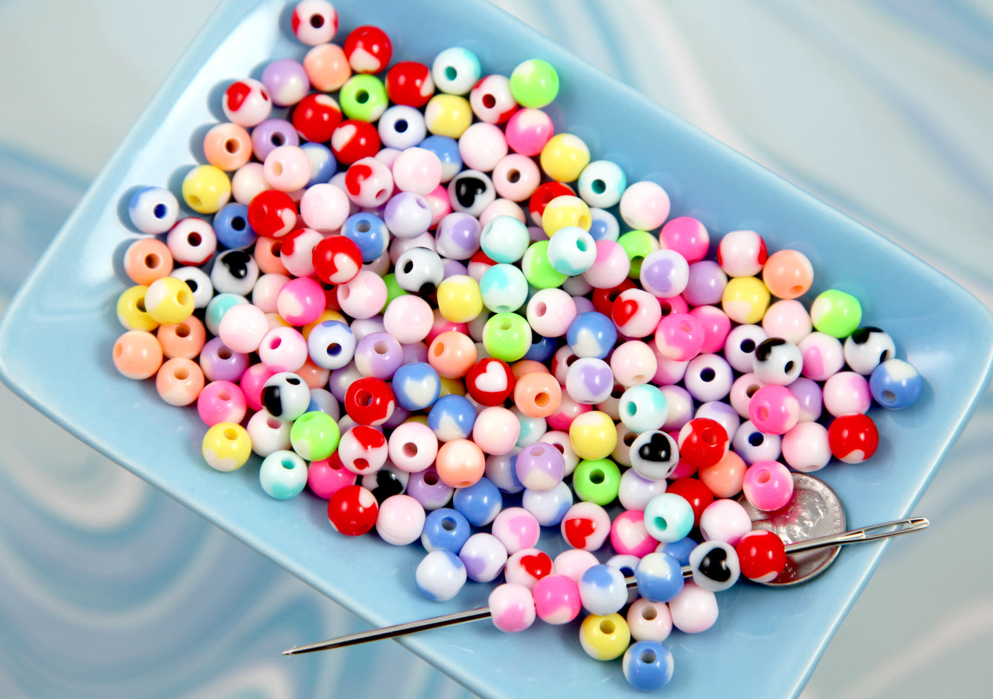 Tiny Heart Beads - 120 pieces - 8mm Tiny Inlaid Heart Acrylic Beads - Little Heart Pattern Round Beads