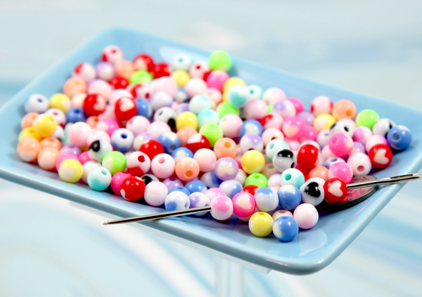 Tiny Heart Beads - 120 pieces - 8mm Tiny Inlaid Heart Acrylic Beads - Little Heart Pattern Round Beads