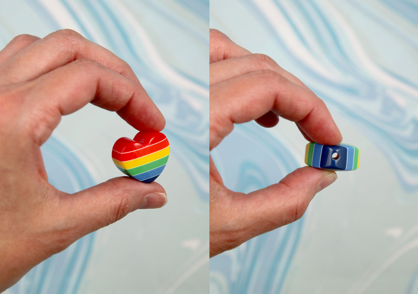 Rainbow Heart Beads - 25mm Rainbow Stripe Hearts Resin or Acrylic Beads - 5 pc set