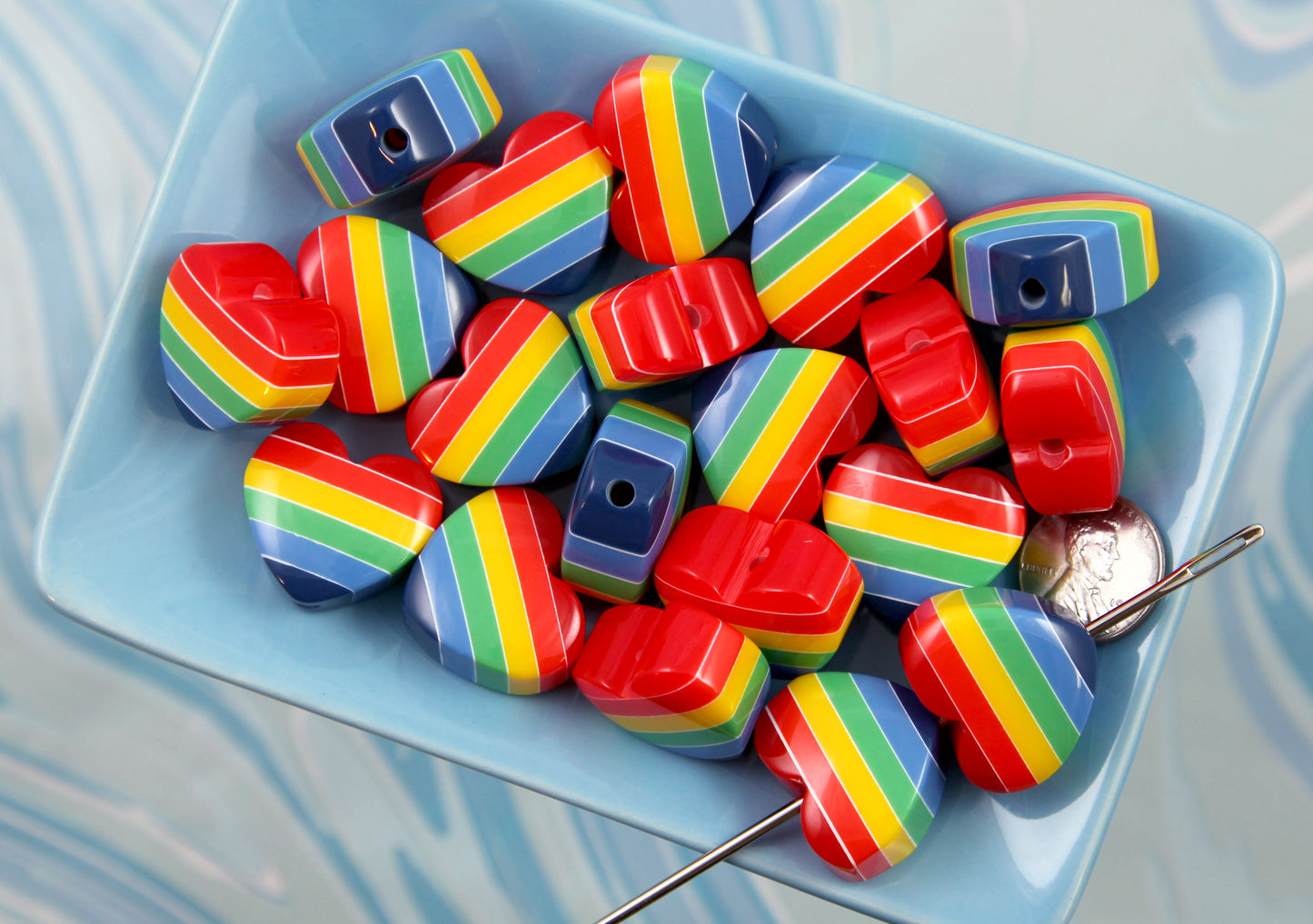 Rainbow Heart Beads - 25mm Rainbow Stripe Hearts Resin or Acrylic Beads - 5 pc set