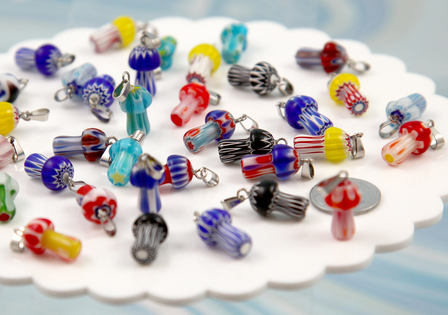 Millefiori Glass Mushroom Charms - 25mm High Quality Glass 3D Striped Floral Mushroom Charms - 6 pieces