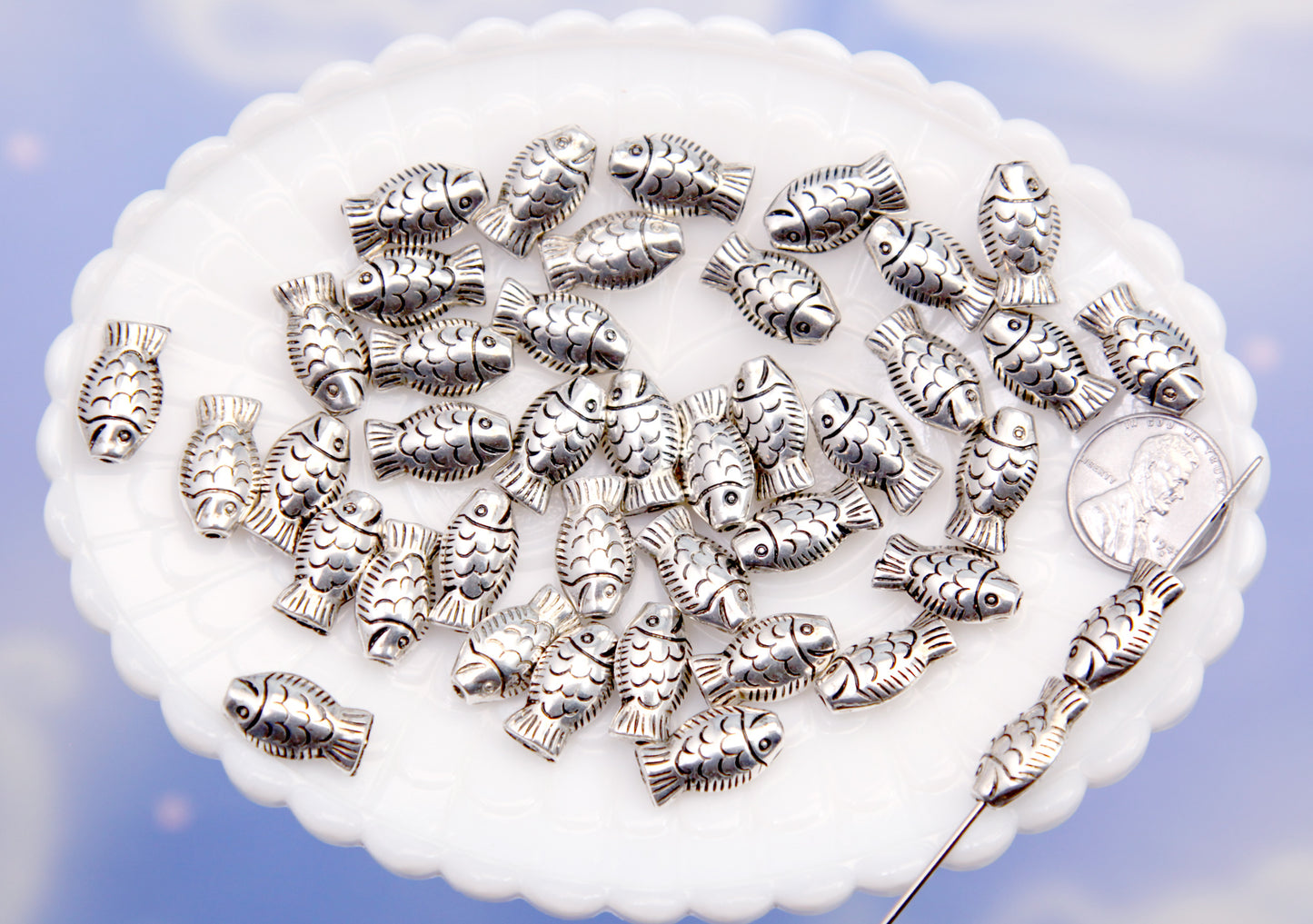 Little Fish Beads - 10mm Silver Fishes Bead - Lightweight Electroplated Plastic - Sardine Beads, Small Fish Beads (50 pieces)