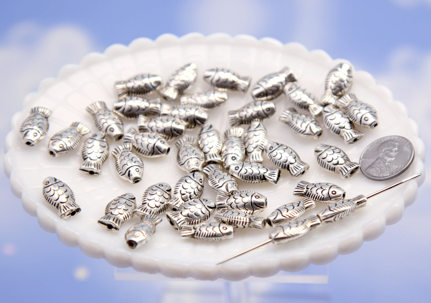 Little Fish Beads - 10mm Silver Fishes Bead - Lightweight Electroplated Plastic - Sardine Beads, Small Fish Beads (50 pieces)