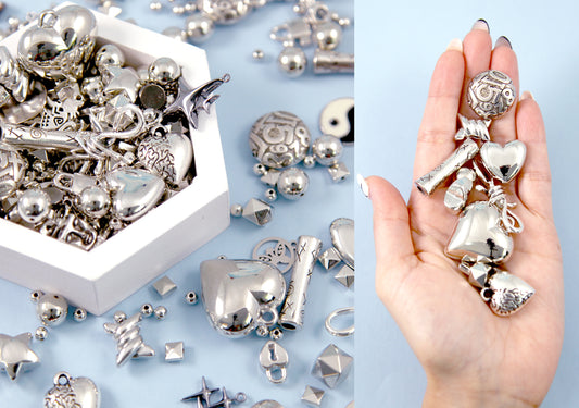 Metallic Silver Bead Grab Bag - Electroplated Silver - Mixed Lot - great for kandi, ispy, sensory crafts, jewelry making - Over 100 pcs