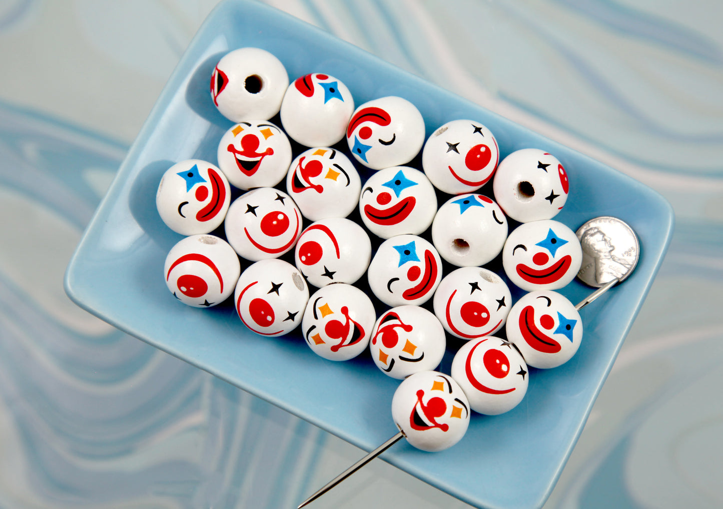 Clown Beads - 12 pieces - 20mm Mixed Expressions Clowns Painted Wooden Bead