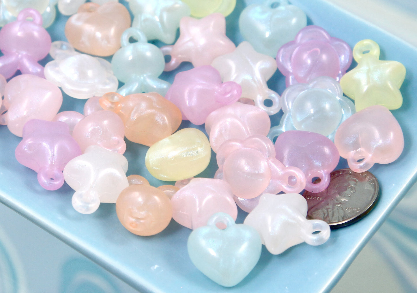 Pastel Shimmer Charms - 40 pieces - Glow in the Dark! - 15mm Cute 3D Shapes Acrylic or Resin Charms - Cute Plastic Charms