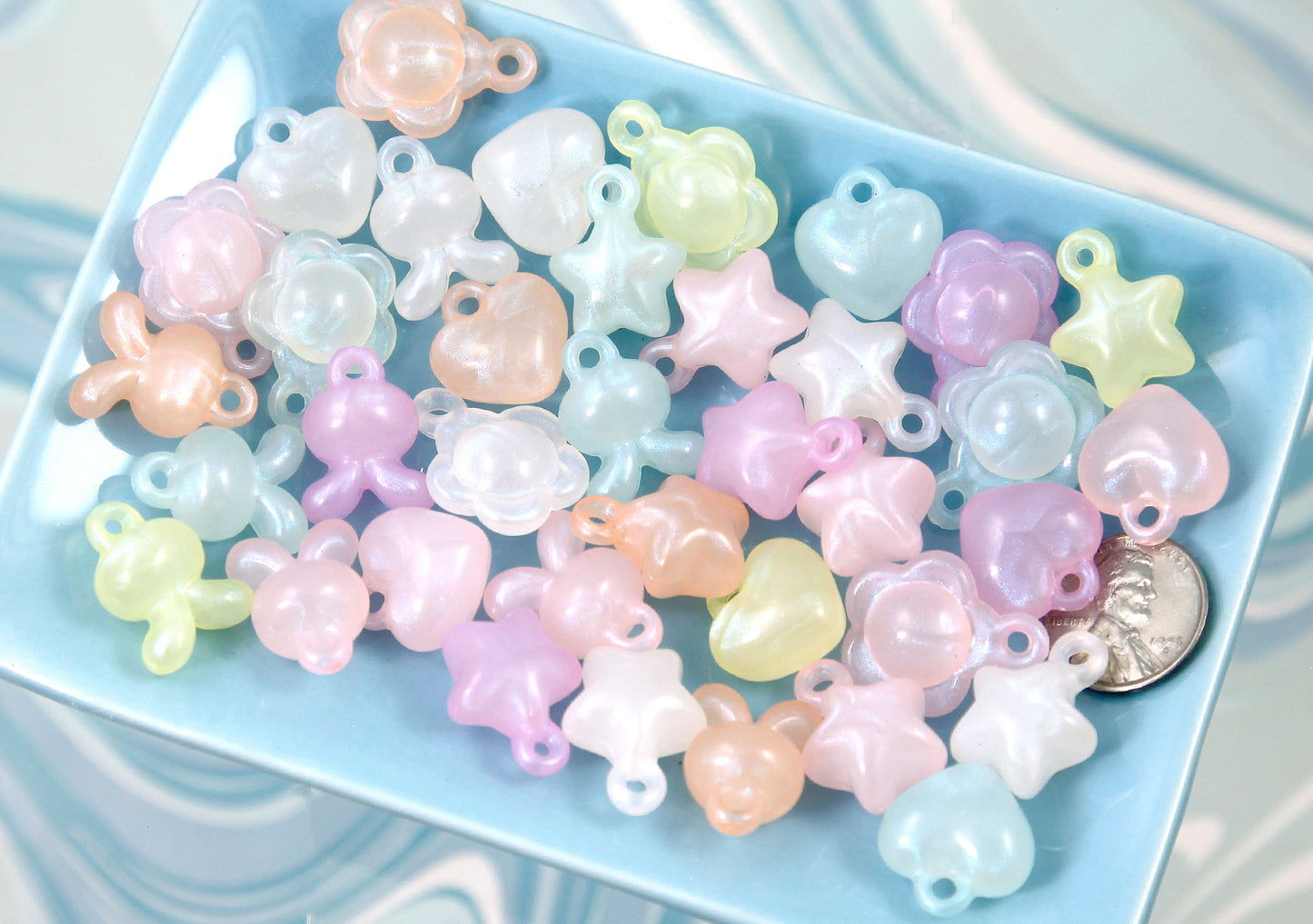 Pastel Shimmer Charms - 40 pieces - Glow in the Dark! - 15mm Cute 3D Shapes Acrylic or Resin Charms - Cute Plastic Charms