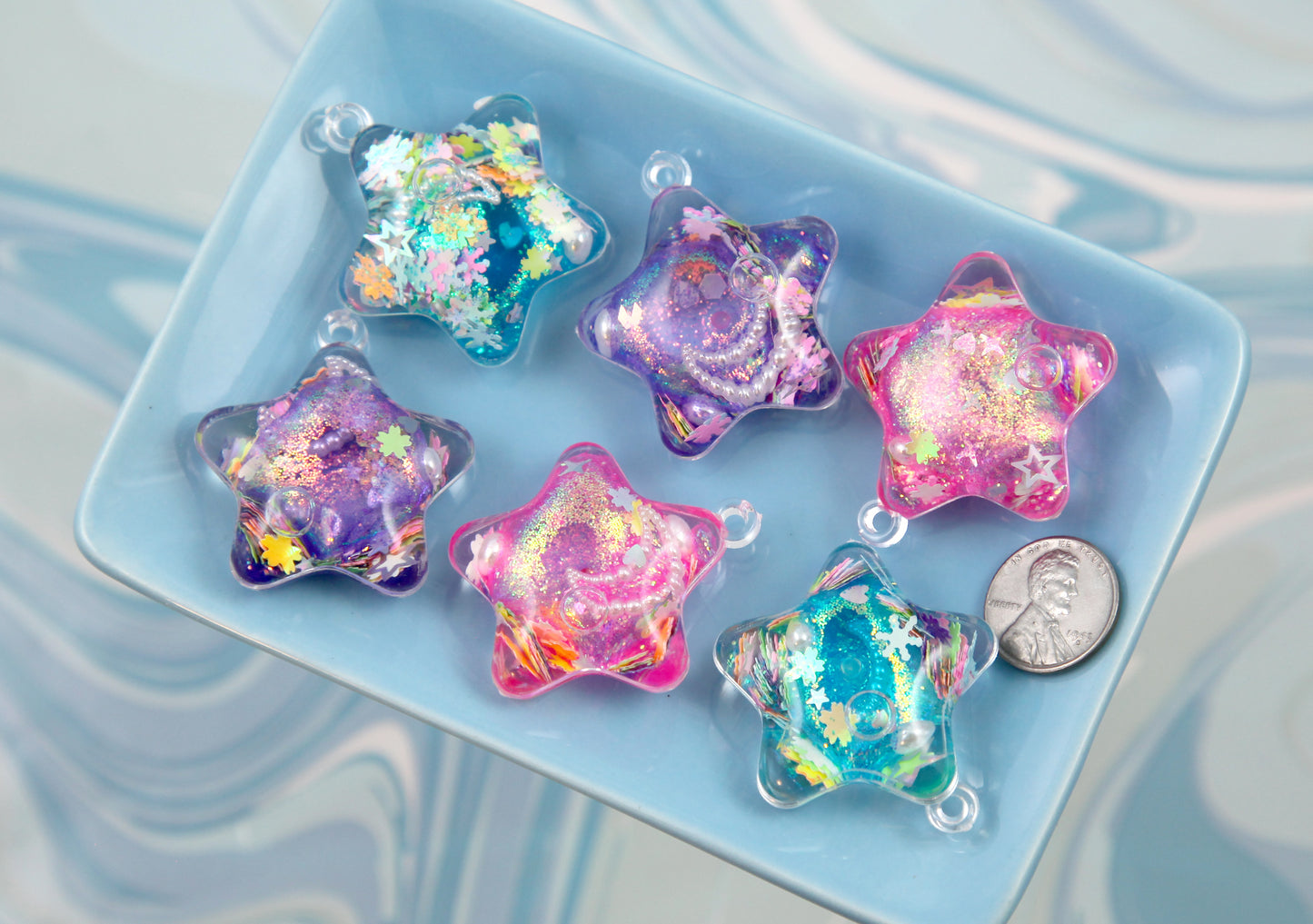 Liquid Filled Shaker Star Charms - 3 pieces - 40mm Glittery Shaker Star Charms Stim Star Pendants Plastic Charms - Water Bubble Fidget Charm
