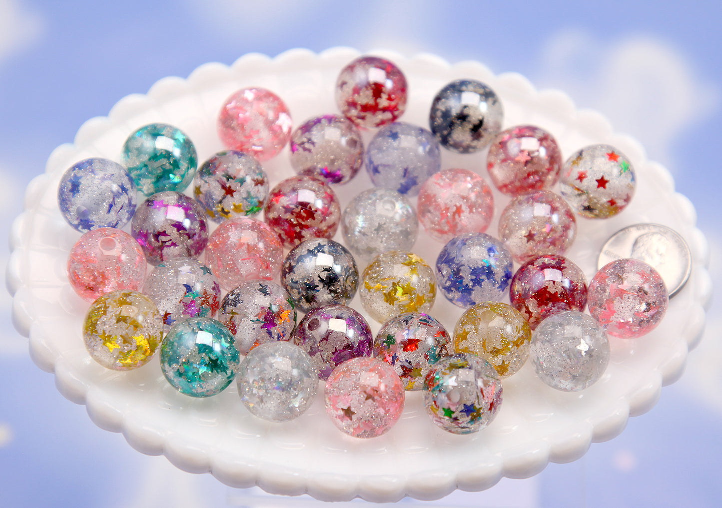 Embedded Glitter Confetti Beads - 15mm Colorful Clear with Star Glitter Confetti Acrylic Beads - Beautiful Resin Beads (10 pieces)