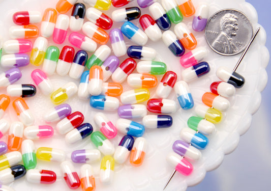 Through Hole Pill Beads - 12mm Colorful Capsule Beads Fake Pills Plastic or Resin Beads - Faux Medication - Medicine Beads (20 pieces)