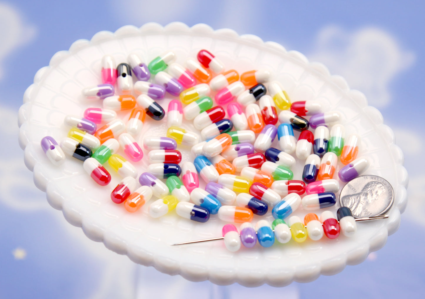 Through Hole Pill Beads - 12mm Colorful Capsule Beads Fake Pills Plastic or Resin Beads - Faux Medication - Medicine Beads (20 pieces)