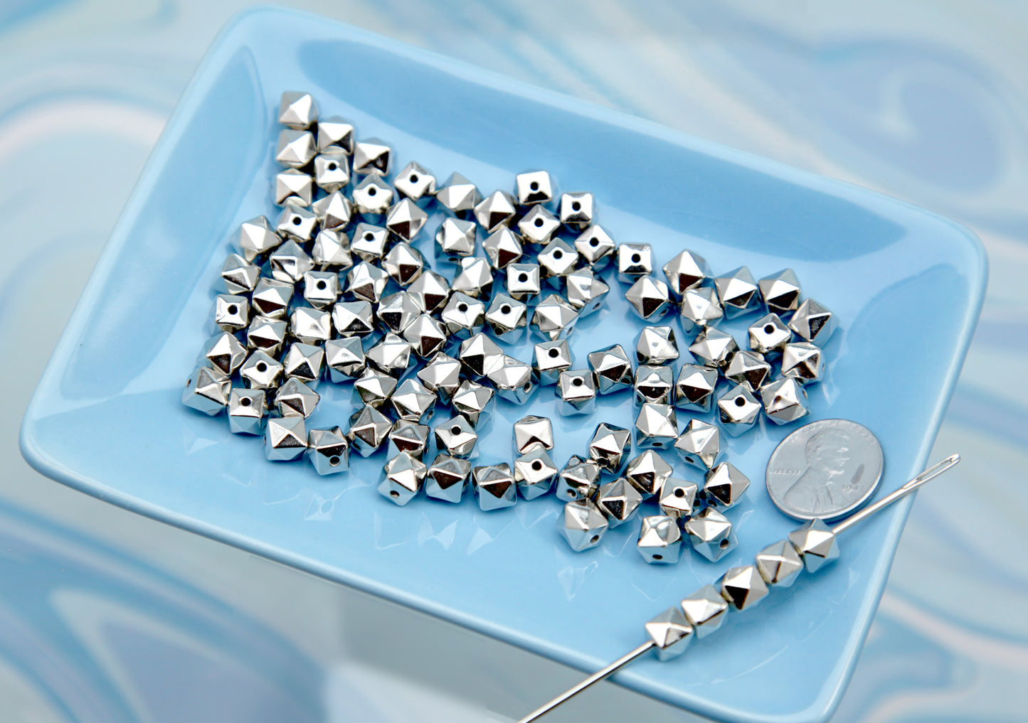 Tiny Spike Cube Beads - 6mm Mini Spiky Studded Cube Bead - Electroplated Silver Plastic - Drilled with Holes to Easily make Jewelry - 80 pieces