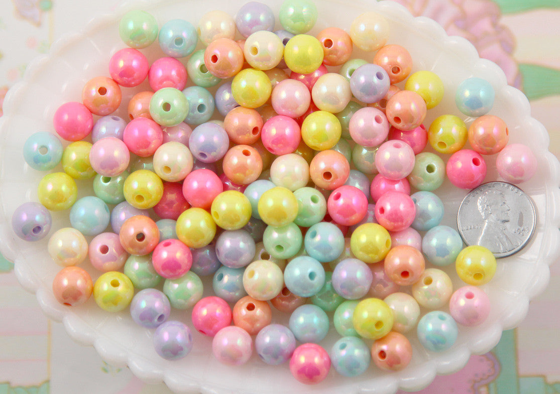 10mm Ice Cream Pastel Colors Shiny AB Iridescent Small Round Shape Plastic or Acrylic Beads - 100 pcs set