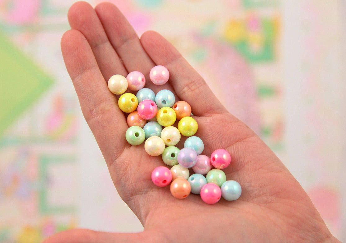 10mm Ice Cream Pastel Colors Shiny AB Iridescent Small Round Shape Plastic or Acrylic Beads - 100 pcs set