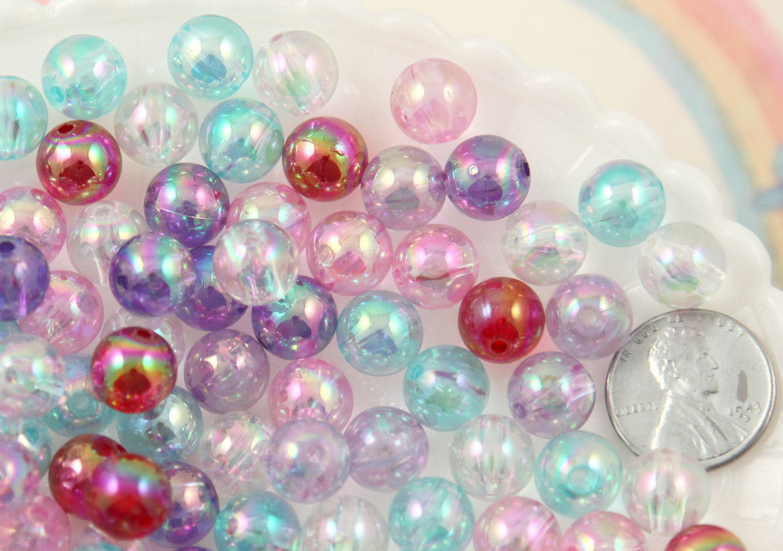 10mm Iridescent Pastel AB Mix Translucent Acrylic or Resin Beads - 100 pc set