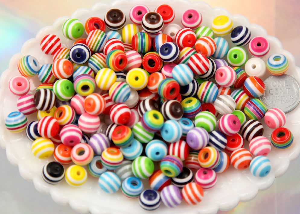 10mm Striped Resin Beads, mixed color, small size beads - 80 pcs set