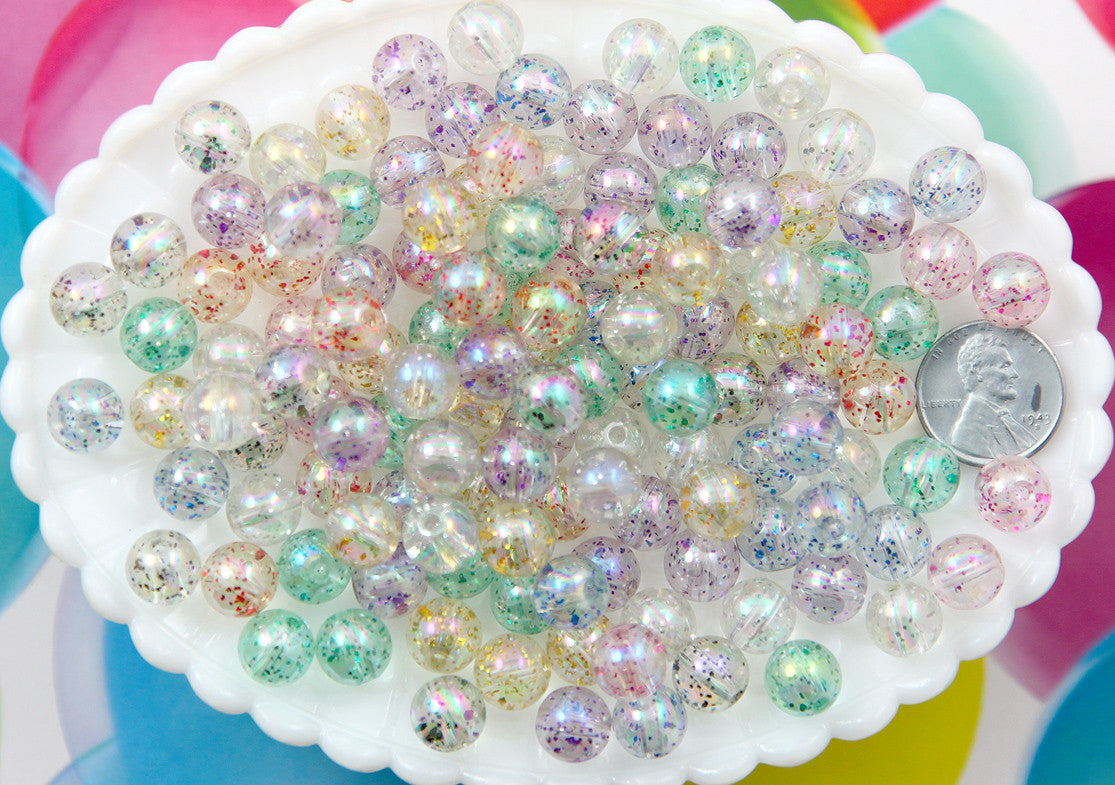 Glitter Beads - 10mm Transparent Glitter Acrylic or Plastic Beads - 80 pc set