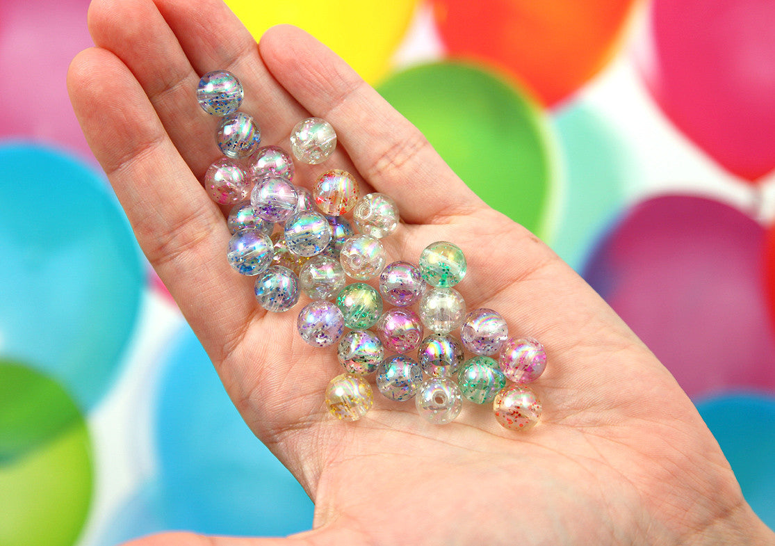 Glitter Beads - 10mm Transparent Glitter Acrylic or Plastic Beads - 80 pc set