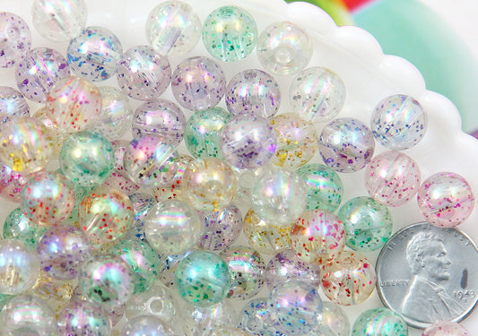 Glitter Beads - 10mm Transparent Glitter Acrylic or Plastic Beads - 80 pc set