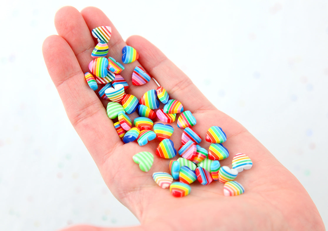 Rainbow Hearts - 10mm Tiny Striped Hearts Mixed Rainbow Acrylic or Resin Flatback Cabochons - 50 pc set