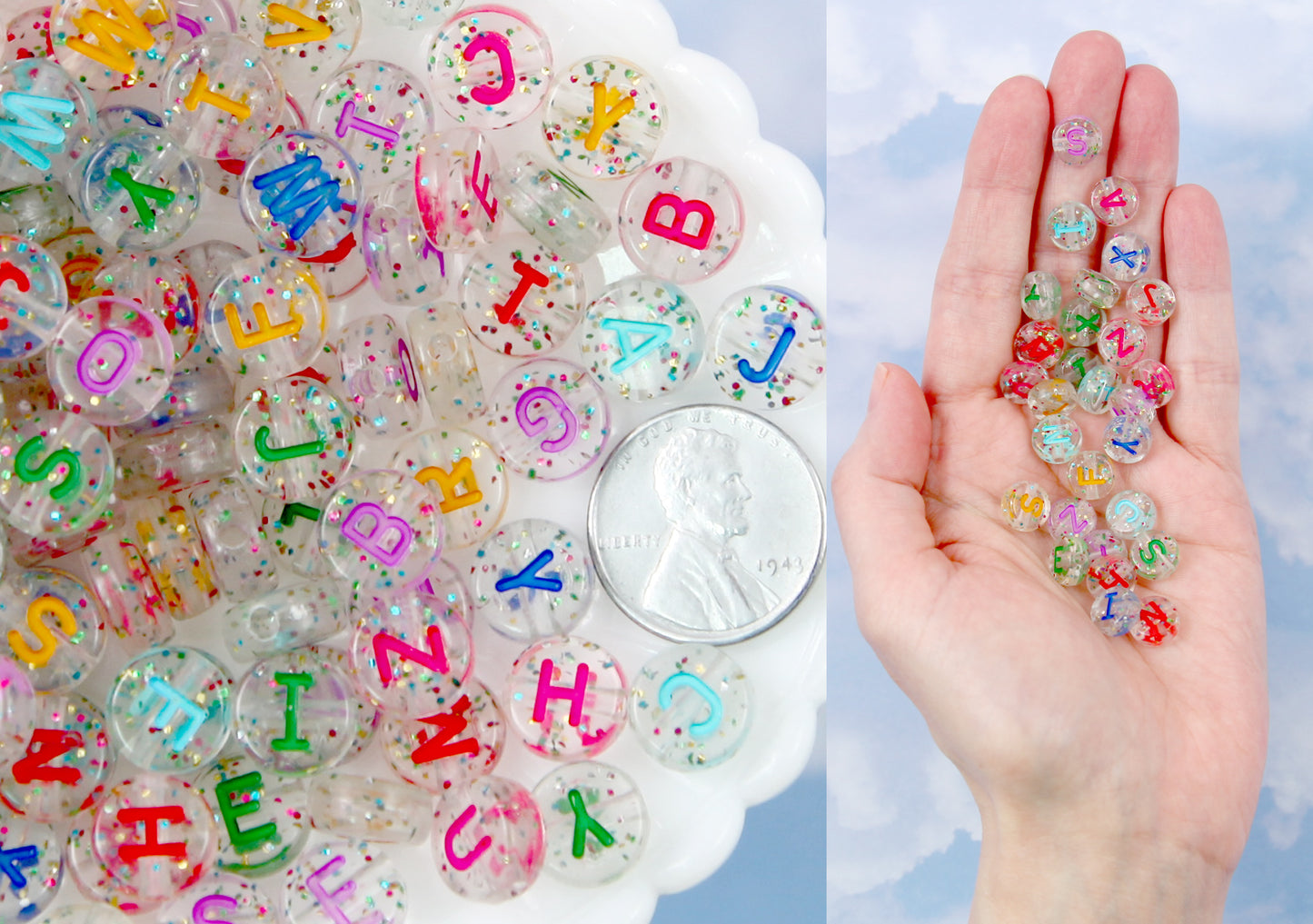 Big Letter Beads - 10mm Large Glitter Translucent Alphabet Acrylic or Resin Beads - 170 pc set