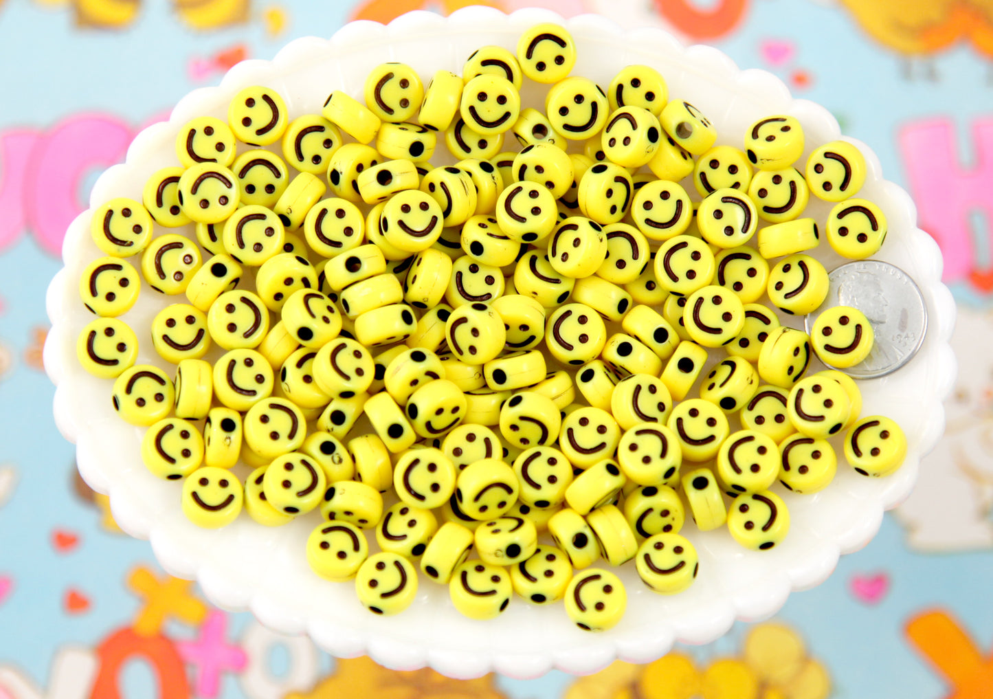 Happy Face Beads - 10mm Smile Shape Acrylic or Resin Beads - 100 pc set