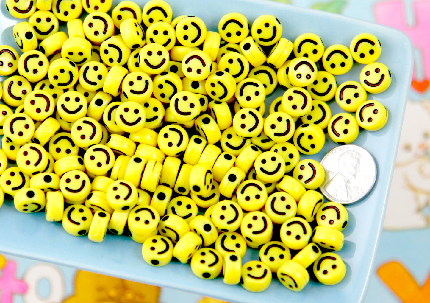 Happy Face Beads - 10mm Smile Shape Acrylic or Resin Beads - 100 pc set