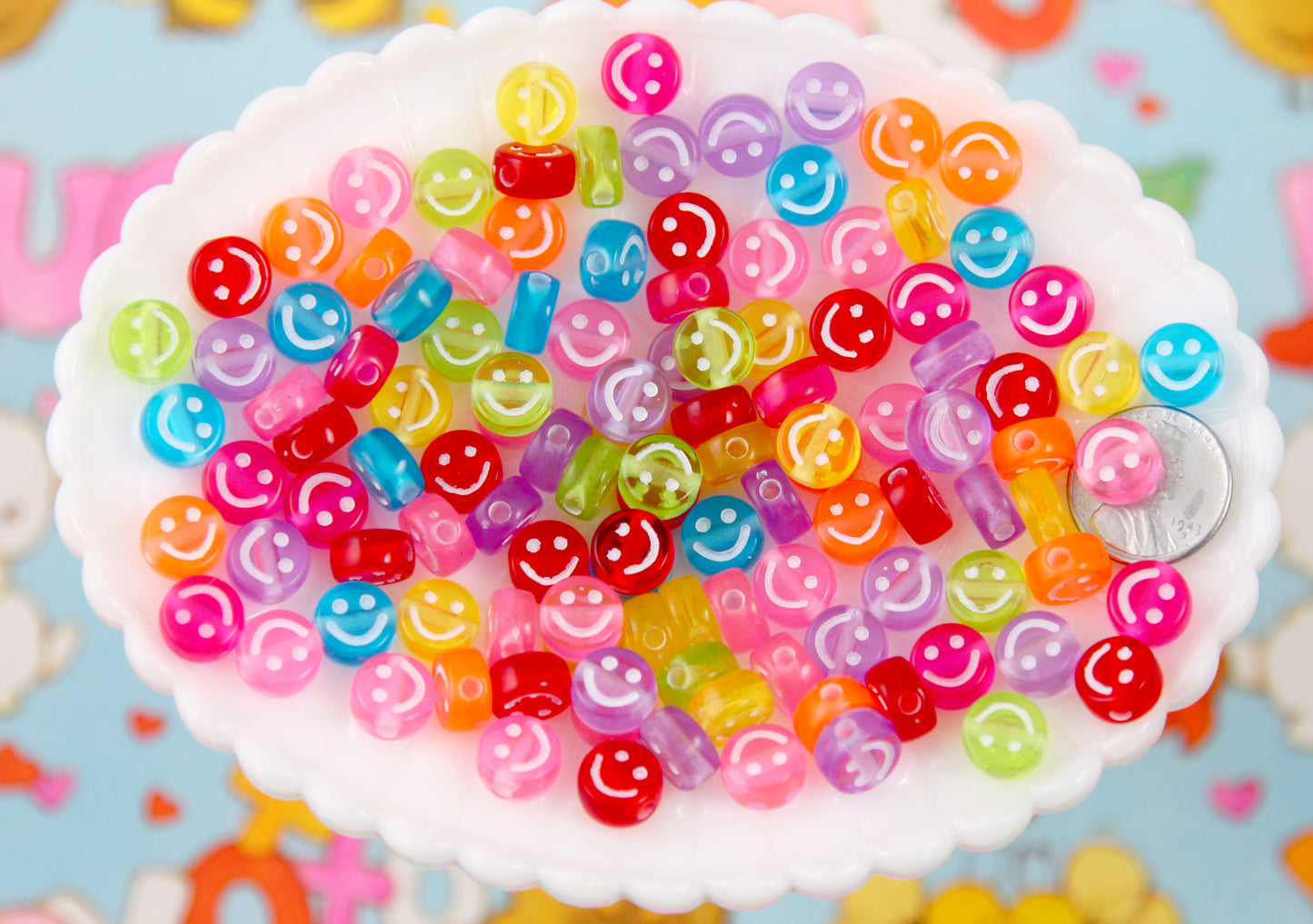 Happy Face Beads - 10mm Translucent Smile Shape Acrylic or Resin Beads - 100 pc set